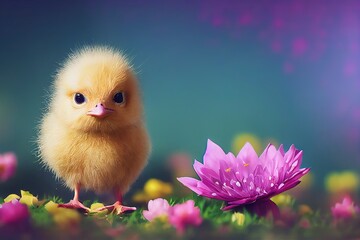 Cute Easter Bunny in a Field of Flowers (Generative AI)