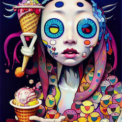 Abstract colorful portrait of woman eating an ice cream. Psychedelic illustration