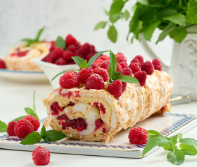 Baked meringue roll with cream and fresh red raspberry, white background.