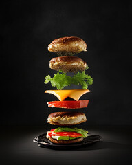 photo of a decomposed big hamburger with lettuce, tomato and cheese floating in the air on a black background  - AI Generated