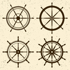 Obraz premium Collection of grunge vintage steering wheels. Ship, yacht retro wheel symbol. Nautical rudder icon. Marine design element. Vector illustration
