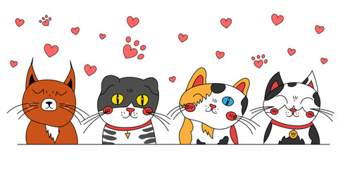 Draw character collection funny cat for Valentines day. Doodle cartoon style.