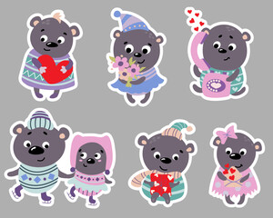 Fototapeta premium Cute valentines teddy bear stickers. St. Day Valentine. Drawn style. Vector illustration.