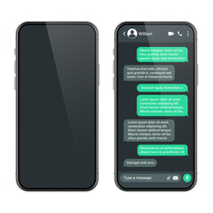 Realistic smartphone with messaging app. SMS text frame. Conversation chat screen with green message bubbles and placeholder text. Dark mode. Social media application. Vector illustration