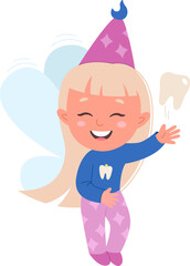 Funny cute tooth fairy with teeth flat icon