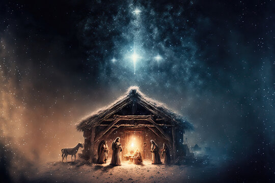 Bethlehem Jesus Geburt Nacht Komet am Himmel Religi&ouml;s Drei K&ouml;nige Maria und Josef AI Art Digital ART Generative AI Hintergrund Illustration