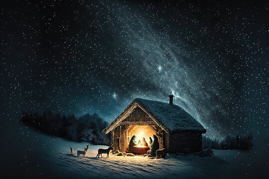 Bethlehem Jesus Geburt Nacht Komet am Himmel Religi&ouml;s Drei K&ouml;nige Maria und Josef AI Art Digital ART Generative AI Hintergrund Illustration