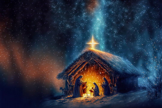 Bethlehem Jesus Geburt Nacht Komet am Himmel Religi&ouml;s Drei K&ouml;nige Maria und Josef AI Art Digital ART Generative AI Hintergrund Illustration