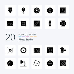 20 Photo Studio Solid Glyph icon Pack like reel film multimedia picture camera