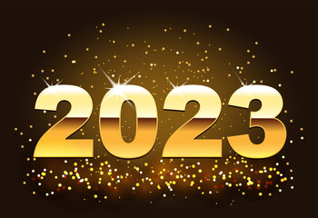 Silvester, Neues Jahr 2023 in Glod und Glitzer,
Vektor Illustration mit dunklem Hintergrund
