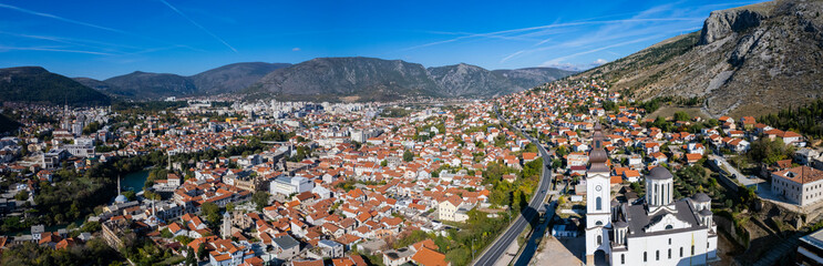 Aerial view of the city Mostar in Bosnia and Herzegovina on a sunny day in autumn