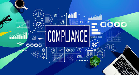 Compliance theme with a laptop computer on a blue and green pattern background