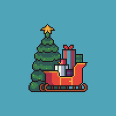 Concept composition of Christmas tree and Santa sleigh with gifts. Pixel art vector illustration