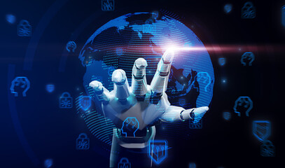 Artificial intelligence ai technology global world security protection personal data internet usage network connection, help secure password verification access safety user, blue background futuristic