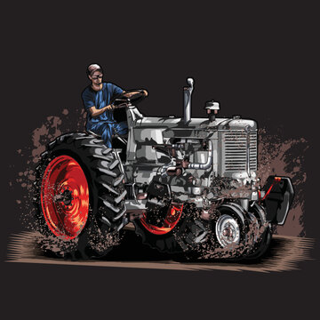 pulling tractor isolated on black background for poster, t-shirt print, business element, social media content, blog, sticker, vlog, and card. vector illustration.