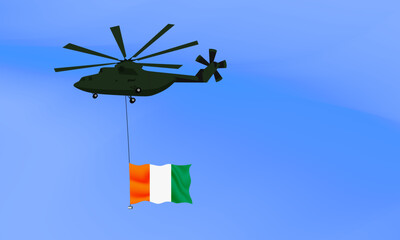 Helicopter flies with the flag of Ivory Coast, the flag of Ivory Coast in the sky. National holiday. vector illustration eps10