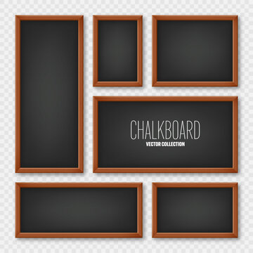 Realistic various chalkboards in a wooden frame. Black restaurant menu board. School blackboard, writing surface for text or drawing. Blank advertising or presentation boards. Vector illustration
