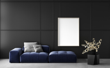 Empty living room with black paneling on the wall and navy blue color sofa, wooden frame mockup on wall Decorative wall with embossed panels. Dark wall. Frame mockup. 3d rendering