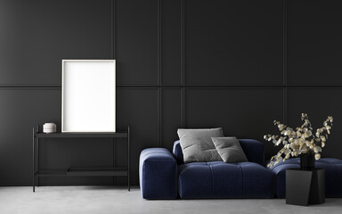 Fototapeta na wymiar Empty living room with black paneling on the wall and navy blue color sofa, wooden frame mock up on open metal shelf. Decorative wall with embossed panels. Dark wall. Frame mockup. 3d rendering