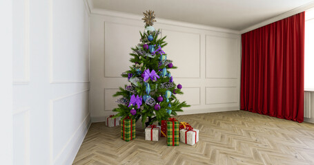 Boże Narodzenie, pięknie ozdobiona choinka a pod nią prezenty świąteczne. Klasyczne wnętrze. 3D rendering, 3D ilustracja