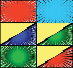 Comic book colorful frames background with halftone rays radial and dotted effects pop art style