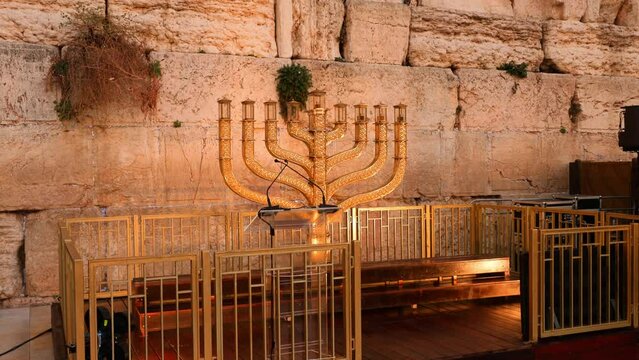 Hanukkah at the wailing wall in the old city of Jerusalem in Israel, panorama 