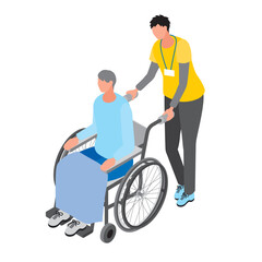 アイソメトリック_男性が乗っている車椅子を押す介護士の男性