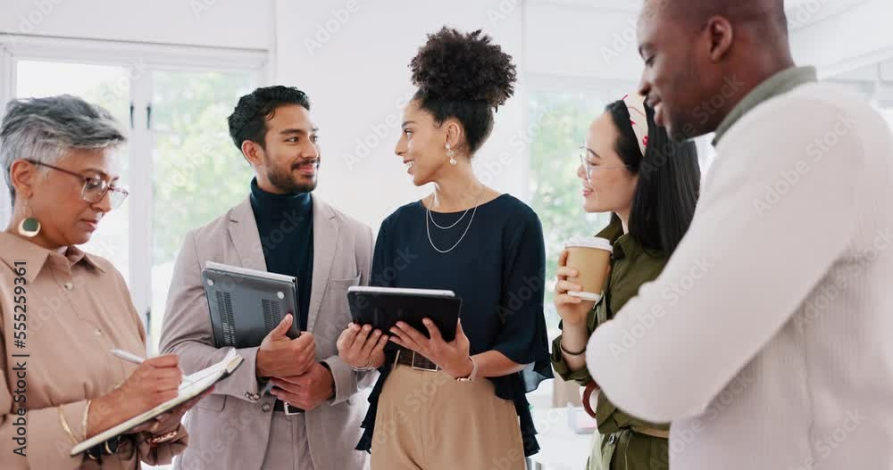 Poster Digital tablet, collaboration and team in discussion, writing notes and planning a project in the office. Diversity, teamwork and business people working on corporate report together with technology.