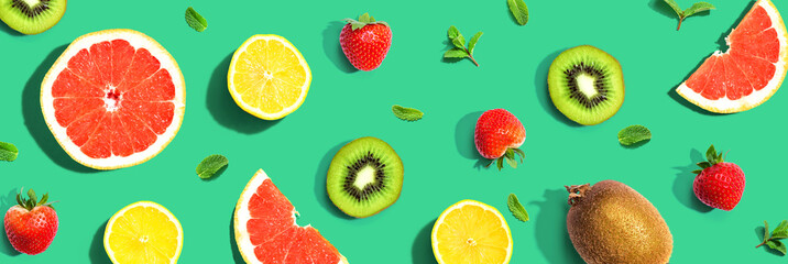 Collection of mixed fruits overhead view flat lay