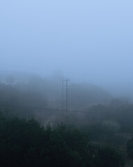 Foggy outdoor scene with power poles, hills and trails