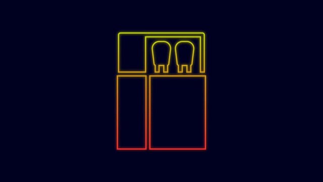 Glowing neon line Open matchbox and matches icon isolated on blue background. 4K Video motion graphic animation