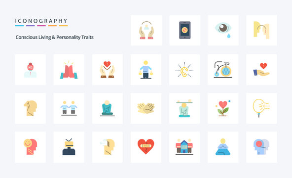 25 Concious Living And Personality Traits Flat color icon pack