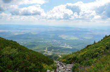 Top view to Tatranska Lomnica in the valley from Skalnate pleso, High Tatras, Slovakia