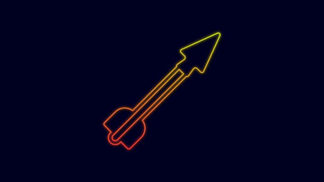Glowing neon line Medieval arrow icon isolated on blue background. Medieval weapon. 4K Video motion graphic animation