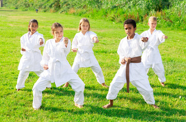 Naklejka na ściany i meble Children in white kimono practicing karate in summer outdoors