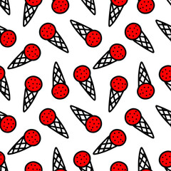 Seamless pattern with ice cream in a cone.