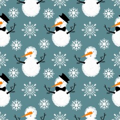 Winter seamless snowman and snowflakes pattern for Christmas wrapping paper and kids notebooks