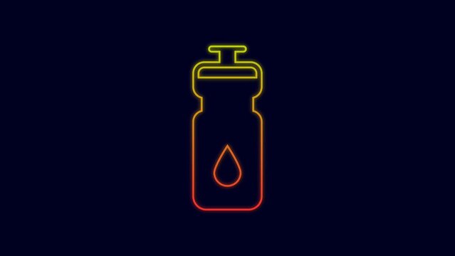 Glowing neon line Fitness shaker icon isolated on blue background. Sports shaker bottle with lid for water and protein cocktails. 4K Video motion graphic animation