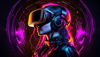 Woman wearing VR headset on neon light background image created with Generative AI technology.