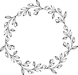 Wreath with graphic vector plant branches with buds and berries