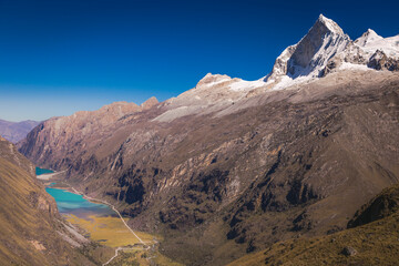 Turquoise Llanganuco lake in Cordillera Blanca, snowcapped Andes, Ancash, Peru