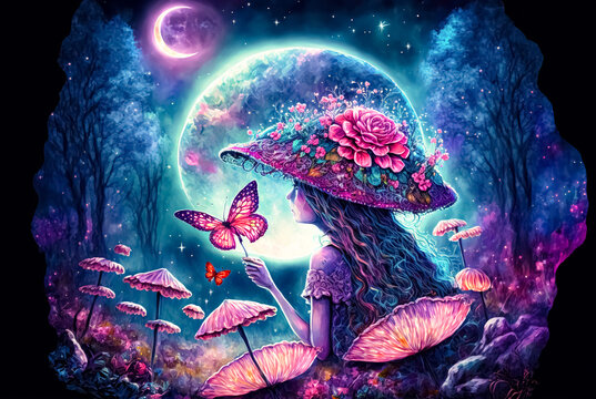Dreamy fairy with wings in a fantasy magical enchanted forest with butterflies, magic flowers and huge moon
