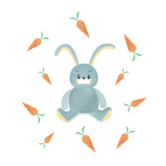 Cute Little Animal Character. Cartoon watercolor rabbit surrounded by carrots. Easter concept