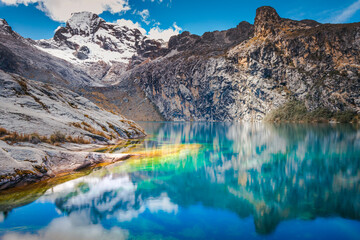 Turquoise Churup lake in Cordillera Blanca, snowcapped Andes, Ancash, Peru