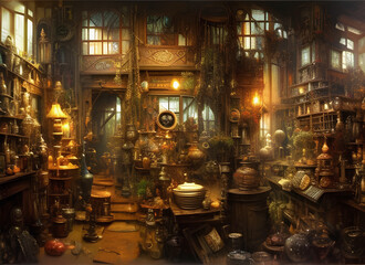 The interior of an old cluttered antique store full of curios and mysterious objects.generative ai illustration.