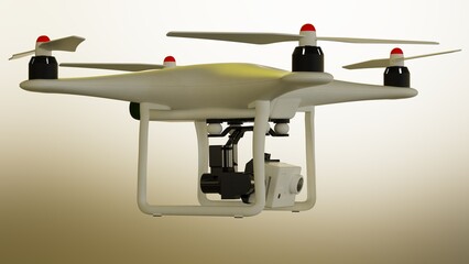 Powerful white drone loaded with some of light, advanced imaging and flight technologies under white-brown background. Concept 3D CG of lifesaving and unmanned cargo transportation.