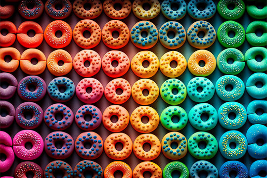 Rows of rainbow colored doughnuts