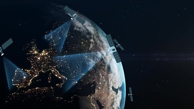 Artificial satellites in Earth orbit receive and transmit digital signals to the planet's surface. Global system, high-speed broadband satellite Internet connection. World Wide Web. High quality 4k