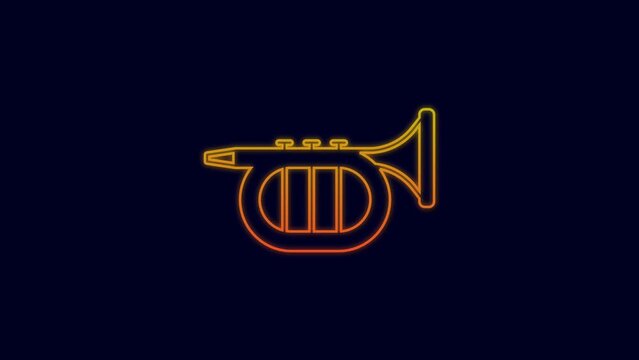 Glowing neon line Trumpet icon isolated on blue background. Musical instrument. 4K Video motion graphic animation