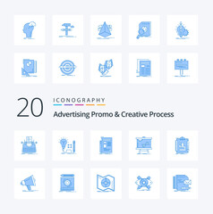 20 Advertising Promo And Creative Process Blue Color icon Pack like design thinking lamp idea creative